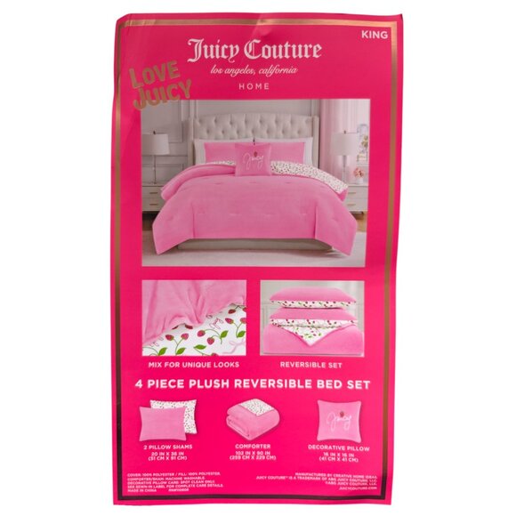 Juicy Couture KING Size Reversible Velour Comforter Bed Set Strawberry Pink NEW - Picture 8 of 9